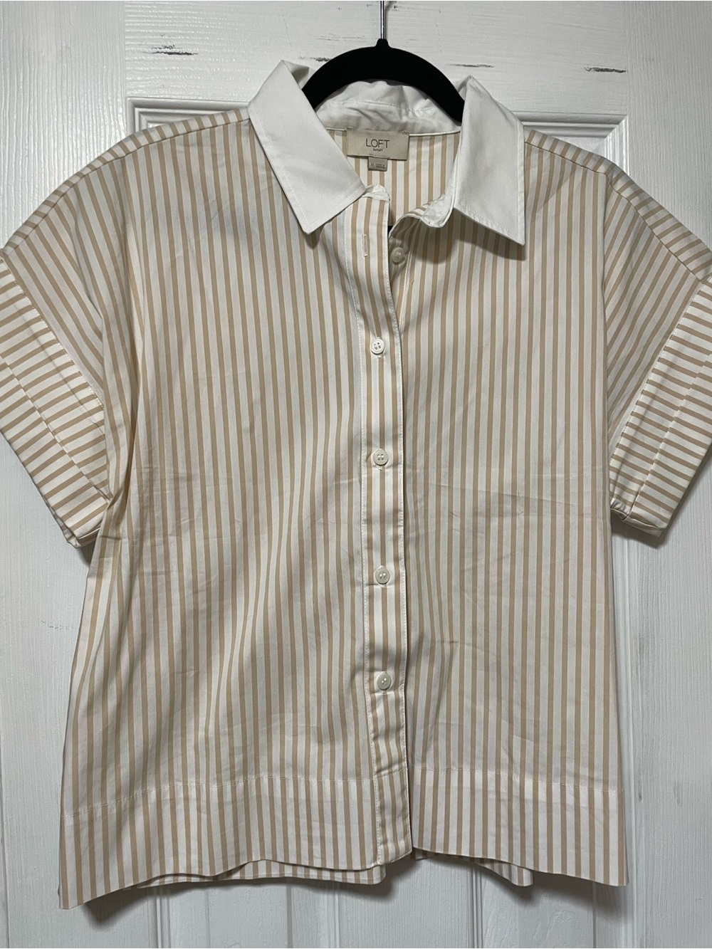 LOFT Beige and White Striped Short-Sleeve Button-Down Shirt
